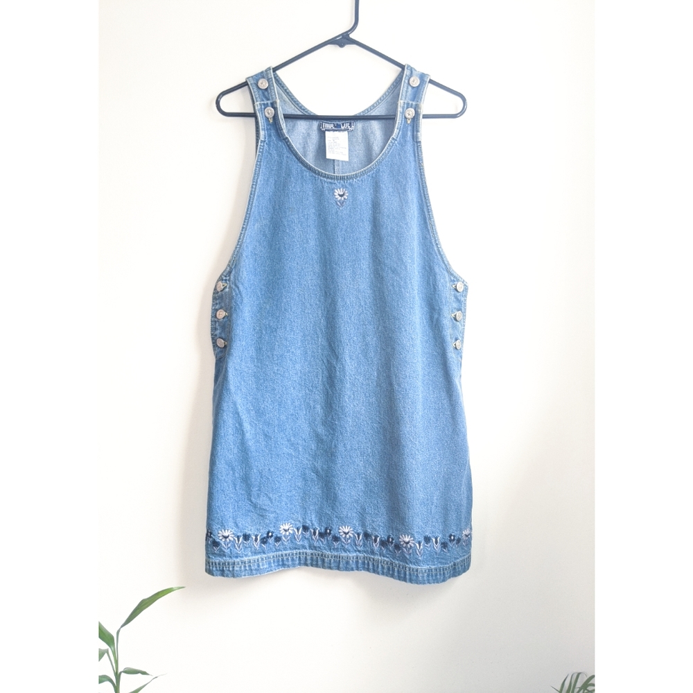 Vintage 90s Blue Floral Embroidered Denim Jumper Dress